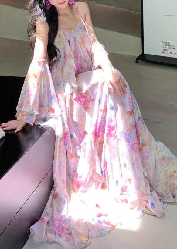Pink Print Chiffon Holiday Dress Backless Exra Large Hem Summer