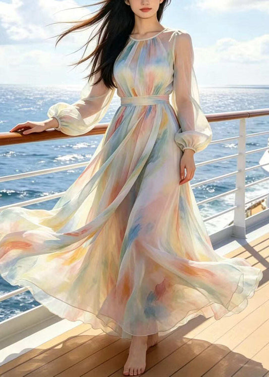 Modern Beige Tie Dye Exra Large Hem Chiffon Holiday Dress Summer